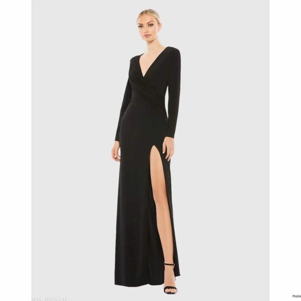 IEENA FOR MAC DUGGAL Black Jersey Asymmetrical Ruched Gown with Rhinestones Sz 8